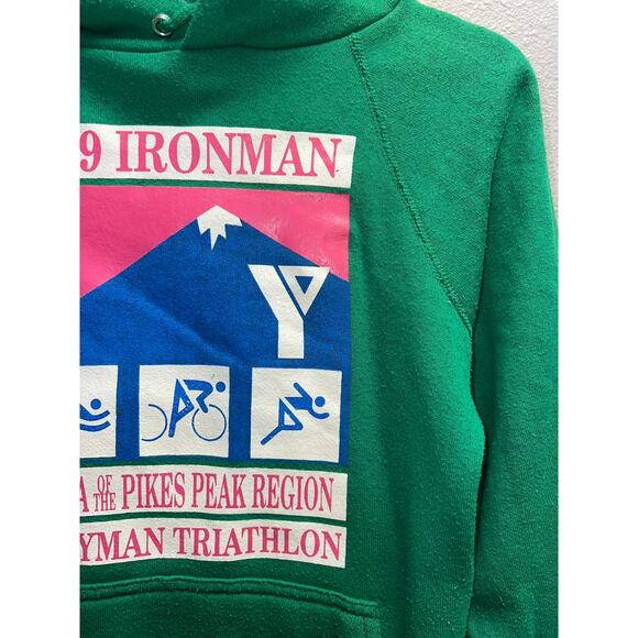 Vintage 1980s Ironman Hoodie 1989 YMCA Pikes Peak Lazyman Green 80s Discus Small - Picture 4 of 10